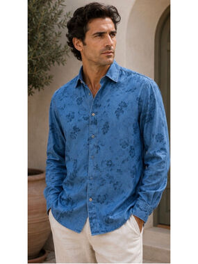 Men's Stenströms Floral Print Denim Casual Button Down Shirt Xl Italian Lux New